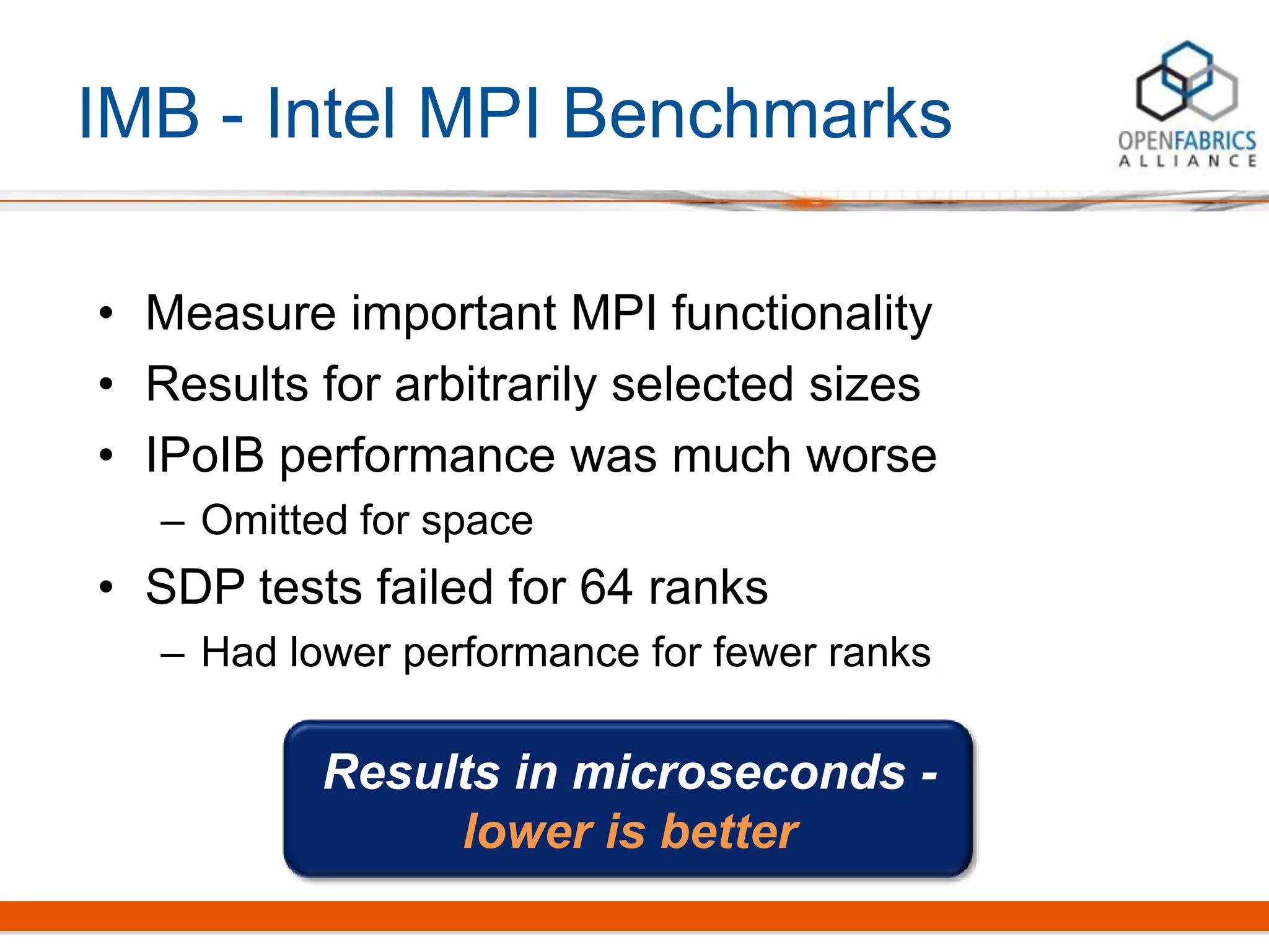 IMB - Intel MPI Benchmarks
• Measure important MPI functionality
• Results for arbitrarily selected sizes
• IPoIB performance was much worse
– Omitted for space
• SDP tests failed for 64 ranks
– Had lower performance for fewer ranks
Results in microseconds -
lower is better
 