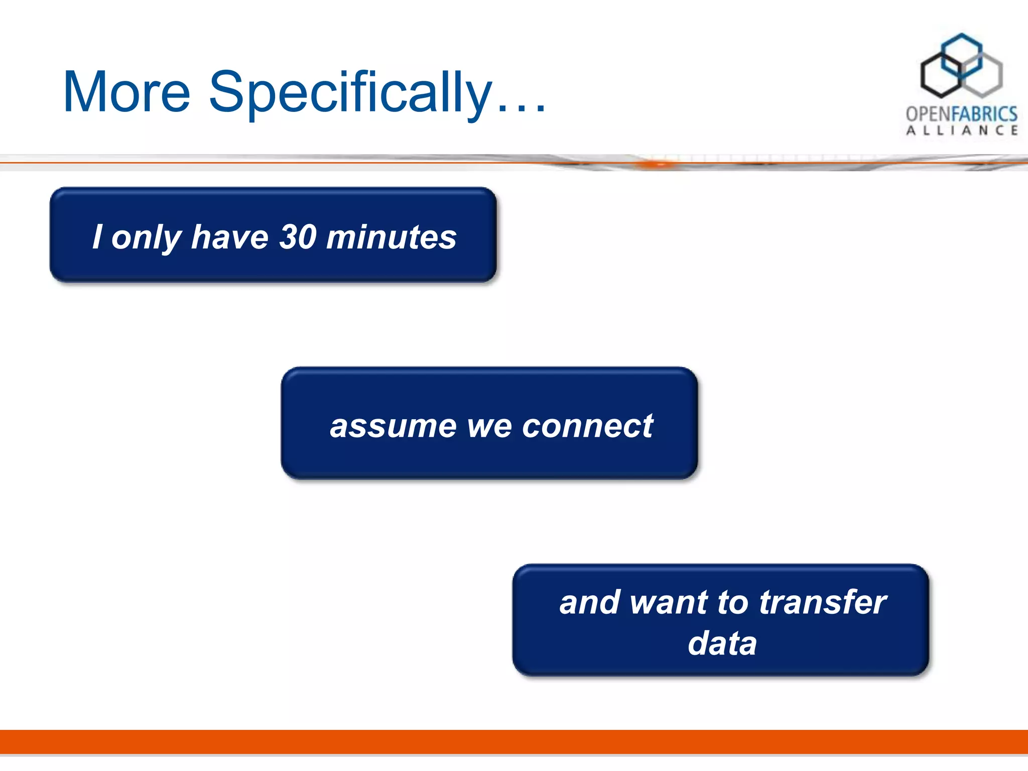 More Specifically…
I only have 30 minutes
and want to transfer
data
assume we connect
 
