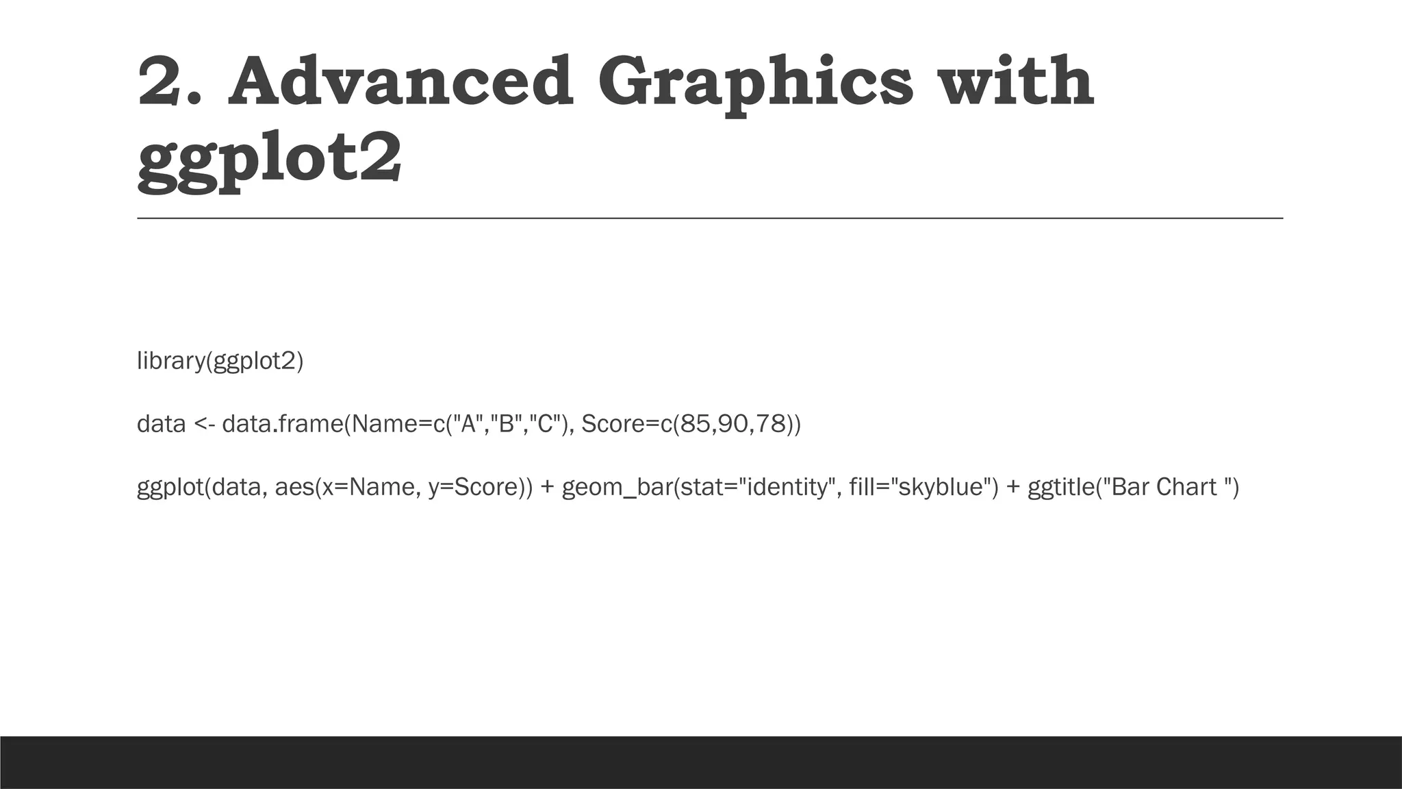 2. Advanced Graphics with
ggplot2
library(ggplot2)
data <- data.frame(Name=c("A","B","C"), Score=c(85,90,78))
ggplot(data, aes(x=Name, y=Score)) + geom_bar(stat="identity", fill="skyblue") + ggtitle("Bar Chart ")
 