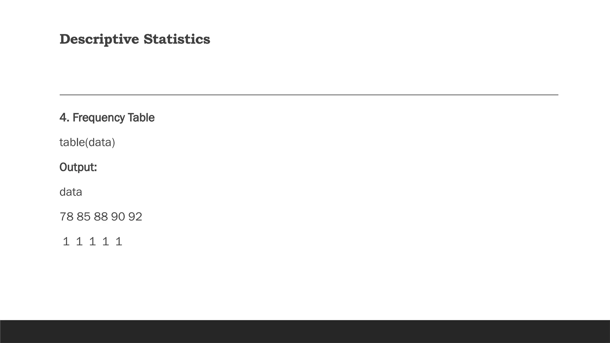 Descriptive Statistics
4. Frequency Table
table(data)
Output:
data
78 85 88 90 92
1 1 1 1 1
 