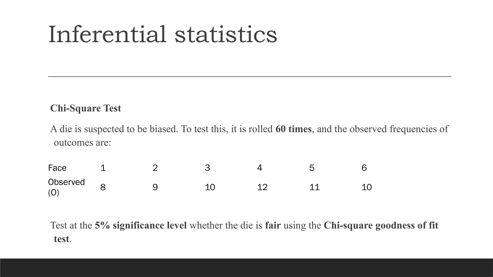 Inferential statistics
Chi-Square Test
A die is suspected to be biased. To test this, it is rolled 60 times, and the observed frequencies of
outcomes are:
Test at the 5% significance level whether the die is fair using the Chi-square goodness of fit
test.
Face 1 2 3 4 5 6
Observed
(O)
8 9 10 12 11 10
 