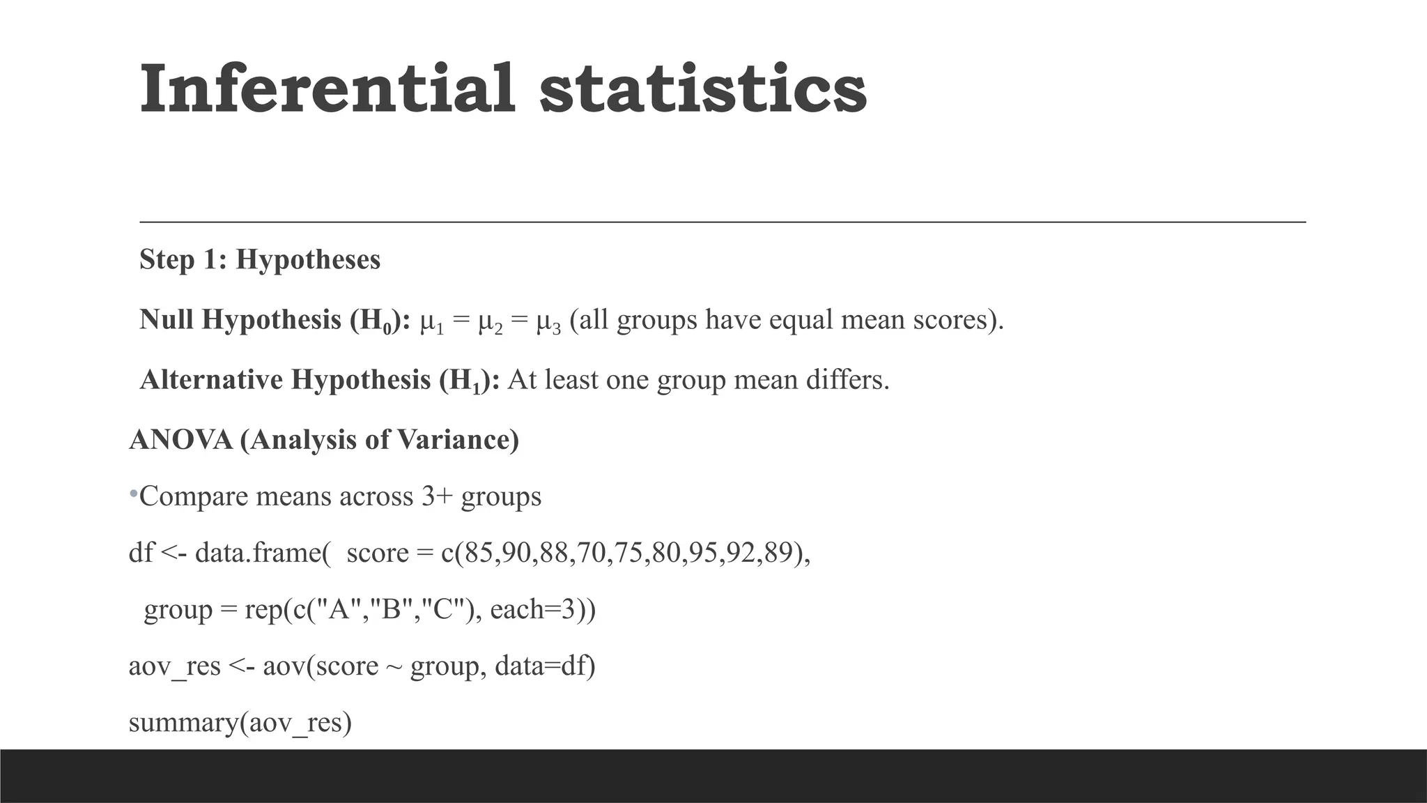 Step 1: Hypotheses
Null Hypothesis (H ):
₀ μ = μ = μ (all groups have equal mean scores).
₁ ₂ ₃
Alternative Hypothesis (H ):
₁ At least one group mean differs.
ANOVA (Analysis of Variance)
•Compare means across 3+ groups
df <- data.frame( score = c(85,90,88,70,75,80,95,92,89),
group = rep(c("A","B","C"), each=3))
aov_res <- aov(score ~ group, data=df)
summary(aov_res)
Inferential statistics
 
