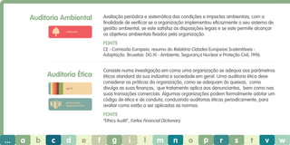 Auditoria Ambiental

Avaliação periódica e sistemática das condições e impactes ambientais, com a
finalidade de verificar se a organização implementou eficazmente o seu sistema de
gestão ambiental, se este satisfaz as disposições legais e se este permite alcançar
os objetivos ambientais fixados pela organização.

ambiente

Fonte
CE - Comissão Europeia, resumo do Relatório Cidades Europeias Sustentáveis Adaptação. Bruxelas: DG XI - Ambiente, Segurança Nuclear e Proteção Civil, 1996.

Consiste numa investigação em como uma organização se adequa aos parâmetros
éticos standard da sua indústria e sociedade em geral. Uma auditoria ética deve
considerar as práticas da organização, como se adequam às queixas, como
divulga as suas finanças, que tratamento aplica aos denunciantes, bem como nas
suas transações comerciais. Algumas organizações podem formalmente adotar um
código de ética e de conduta, conduzindo auditorias éticas periodicamente, para
avaliar como estão a ser aplicadas as normas.

Auditoria Ética
geral

governação
organizacional

Fonte
“Ethics Audit”, Farlex Financial Dictionary.

...

a

b

c

d

e

f

g

i

l

m

n

o

p

r

s

t

v

w

 