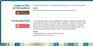 Código de Ética
de Fornecedores

Diretrizes que norteiam a relação da Organização com os seus fornecedores.
Fonte
RSO PT, GT ISO 26000, Sub-grupo Práticas Operacionais Justas, 2012

práticas
operacionais justas

Combustível Fóssil

Os combustíveis fósseis são substâncias de origem mineral, formados pelos
compostos de carbono. Entre eles estão o petróleo, o carvão mineral e o gás
natural que, na escala de tempo humana, não são renováveis. A queima
destes combustíveis gera altos índices de poluição atmosférica. Logo, são
grandes responsáveis pelo efeito estufa e aquecimento global.

ambiente

Fonte
“Combustíveis Fósseis”, EcoD, Glossário de Termos.
Disponível em http://bit.ly/1acrE1w

...

a

b

c

d

e

f

g

i

l

m

n

o

p

r

s

t

v

w

 