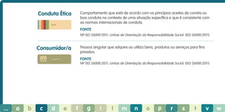 Conduta Ética

Comportamento que está de acordo com os princípios aceites de correta ou
boa conduta no contexto de uma situação específica e que é consistente com
as normas internacionais de conduta.

geral

Fonte
NP ISO 26000:2011; Linhas de Orientação da Responsabilidade Social. (ISO 26000:2011)

Consumidor/a

Pessoa singular que adquire ou utiliza bens, produtos ou serviços para fins
privados.
Fonte

consumo

NP ISO 26000:2011; Linhas de Orientação da Responsabilidade Social. (ISO 26000:2011)

...

a

b

c

d

e

f

g

i

l

m

n

o

p

r

s

t

v

w

 