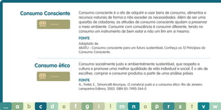 Consumo Consciente

Consumo consciente é o ato de adquirir e usar bens de consumo, alimentos e
recursos naturais de forma a não exceder as necessidades. Além de ser uma
questão de cidadania, as atitudes de consumo consciente ajudam a preservar
o meio ambiente. Consumir com consciência é consumir diferente, tendo no
consumo um instrumento de bem estar e não um fim em si mesmo.

consumo

Fonte
Adaptado de:
AKATU - Consumo consciente para um futuro sustentável, Conheça os 12 Princípios do
Consumo Consciente.

Consumo socialmente justo e ambientalmente sustentável, que respeita a
cultura e promove uma melhor qualidade de vida individual e social. É o ato de
escolher, comprar e consumir produtos a partir de uma análise prévia.

Consumo ético
consumo

Fonte
A., Fretel; E., Simoncelli-Bourque, O comércio justo e o consumo ético. Rio de Janeiro:
Lamparina Editora, 2003. ISBN 85-7490-264-0

...

a

b

c

d

e

f

g

i

l

m

n

o

p

r

s

t

v

w

 