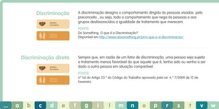 Discriminação

A discriminação designa o comportamento dirigido às pessoas visadas pelo
preconceito , ou seja, todo o comportamento que nega às pessoas e aos
grupos desfavorecidos a igualdade de tratamento que merecem.

direitos
humanos

Fonte
Do Something, O que é a Discriminação?
Disponível em http://www.dosomething.pt/pt/o-que-e-a-discriminacao/

práticas
laborais

Discriminação direta

Sempre que, em razão de um fator de discriminação, uma pessoa seja sujeita
a tratamento menos favorável do que aquele que é, tenha sido ou venha a ser
dado a outra pessoa em situação comparável.

direitos
humanos

Fonte
nº 1a) do Artigo 23.º do Código do Trabalho aprovado pela Lei n.º 7/2009 de 12 de
Fevereiro

práticas
laborais

...

a

b

c

d

e

f

g

i

l

m

n

o

p

r

s

t

v

w

 