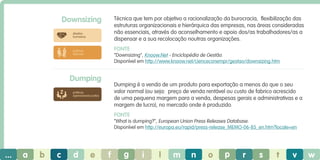 Downsizing

Técnica que tem por objetivo a racionalização da burocracia, flexibilização das
estruturas organizacionais e hierárquica das empresas, nas áreas consideradas
não essenciais, através do aconselhamento e apoio dos/as trabalhadores/as a
dispensar e a sua recolocação noutras organizações.

direitos
humanos

Fonte

práticas
laborais

“Downsizing”, Knoow.Net - Enciclopédia de Gestão.
Disponível em http://www.knoow.net/cienceconempr/gestao/downsizing.htm

Dumping

Dumping é a venda de um produto para exportação a menos do que o seu
valor normal (ou seja: preço de venda rentável ​​ custo de fabrico acrescido
ou
de uma pequena margem para a venda, despesas gerais e administrativas e a
margem de lucro), no mercado onde é produzido.

práticas
operacionais justas

Fonte
“What is dumping?”, European Union Press Releases Database.
Disponível em http://europa.eu/rapid/press-release_MEMO-06-85_en.htm?locale=en

...

a

b

c

d

e

f

g

i

l

m

n

o

p

r

s

t

v

w

 