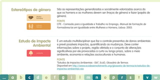 Estereótipos de género

São as representações generalizadas e socialmente valorizadas acerca do
que os homens e as mulheres devem ser (traços de género) e fazer (papéis de
género).

direitos
humanos

Fonte
CITE - Comissão para a Igualdade e Trabalho no Emprego, Manual de Formação de
Formadores/as em Igualdade entre Mulheres e Homens, Lisboa: 2003.

práticas
laborais

Estudo de Impacte
Ambiental

É um estudo multidisciplinar que faz o controle preventivo de danos ambientais
e prevê possíveis impactos, quantificando as mudanças. Deve conter
informações sobre o projeto, região afetada e o conjunto de alterações
significativas por ele provocadas a curto ou longo prazo, sobre o meio
ambiente, economia e relações socioculturais e humanas.

ambiente

Fonte
“Estudos de Impactos Ambientais - EIA”, EcoD, Glossário de Termos.
Disponível em http://www.ecodesenvolvimento.org/glossario-de-termos/e/estudos-deimpactos-ambientais-eia

...

a

b

c

d

e

f

g

i

l

m

n

o

p

r

s

t

v

w

 