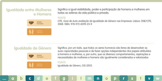 Igualdade entre Mulheres
e Homens

Significa a igual visibilidade, poder e participação de homens e mulheres em
todas as esferas da vida pública e privada.
Fonte
CITE, Guia de Auto-avaliação da Igualdade de Género nas Empresas. Lisboa: DSIE/CITE,
2008. ISBN: 978-972-8399-23-9

direitos
humanos

práticas
laborais

Igualdade de Género

Significa, por um lado, que todos os seres humanos são livres de desenvolver as
suas capacidades pessoais e de fazer opções independentes dos papeis atribuídos
a homens e mulheres, e, por outro, que os diversos comportamentos, aspirações e
necessidades de mulheres e homens são igualmente considerados e valorizados

direitos
humanos

Fonte

práticas
laborais

...

a

b

c

d

Igualdade de Género, CIG (2012.

e

f

g

i

l

m

n

o

p

r

s

t

v

w

 
