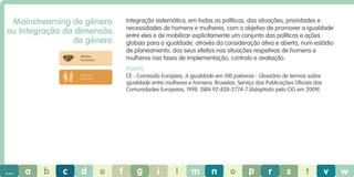 Mainstreaming de género
ou Integração da dimensão
de género

Integração sistemática, em todas as políticas, das situações, prioridades e
necessidades de homens e mulheres, com o objetivo de promover a igualdade
entre eles e de mobilizar explicitamente um conjunto das políticas e ações
globais para a igualdade, através da consideração ativa e aberta, num estádio
de planeamento, dos seus efeitos nas situações respetivas de homens e
mulheres nas fases de implementação, controlo e avaliação.

direitos
humanos

Fonte
CE - Comissão Europeia, A igualdade em 100 palavras - Glossário de termos sobre
igualdade entre mulheres e homens. Bruxelas: Serviço das Publicações Oficiais das
Comunidades Europeias, 1998. ISBN 92-828-2774-7 [Adaptado pela CIG em 2009]

práticas
laborais

...

a

b

c

d

e

f

g

i

l

m

n

o

p

r

s

t

v

w

 