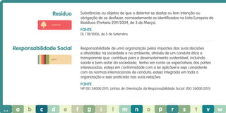 Resíduo

Substâncias ou objetos de que o detentor se desfaz ou tem intenção ou
obrigação de se desfazer, nomeadamente os identificados na Lista Europeia de
Resíduos (Portaria 209/2004, de 3 de Março).

ambiente

Fonte
DL 178/2006, de 5 de Setembro

Responsabilidade Social

Responsabilidade de uma organização pelos impactes das suas decisões
e atividades na sociedade e no ambiente, através de um conduta ética e
transparente que: contribua para o desenvolvimento sustentável, incluindo
saúde e bem-estar da sociedade; tenha em conta as expectativas das partes
interessadas; esteja em conformidade com a lei aplicável e seja consistente
com as normas internacionais de conduta; esteja integrada em toda a
organização e seja praticada nas suas relações.

geral

Fonte
NP ISO 26000:2011; Linhas de Orientação da Responsabilidade Social. (ISO 26000:2011)

...

a

b

c

d

e

f

g

i

l

m

n

o

p

r

s

t

v

w

 