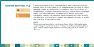 Violência doméstica (VD)

É um comportamento violento continuado ou um padrão de controlo coercivo
exercido, direta ou indiretamente, sobre qualquer pessoa que habite no mesmo
agregado familiar, ou que, mesmo não coabitando, seja companheiro/a, excompanheiro/a, ou familiar. Este padrão de comportamento violento continuado
resulta, a curto ou médio prazo, em danos físicos, sexuais, emocionais,
psicológicos, imposição de isolamento social ou privação económica da vítima,
visa dominá-la, fazê- la sentir subordinada, incompetente, sem valor ou fazê-la
viver num clima de medo permanente.

direitos
humanos

práticas
laborais

Fonte
Ribeiro, Catarina e Peixoto,Carlos (coordenação Manita, Celina) - Violência Doméstica:
compreender para intervir. Guia de Boas – Práticas para profissionais de instituições de
apoio a vítimas. Lisboa: Coleção “Violência de Género”, CIG, 2009. PCM. ISBN 978-972597-332-5

...

a

b

c

d

e

f

g

i

l

m

n

o

p

r

s

t

v

w

 
