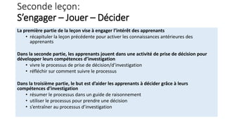 Seconde leçon:
S’engager – Jouer – Décider
La première partie de la leçon vise à engager l’intérêt des apprenants
• récapituler la leçon précédente pour activer les connaissances antérieures des
apprenants
Dans la seconde partie, les apprenants jouent dans une activité de prise de décision pour
développer leurs compétences d’investigation
• vivre le processus de prise de décision/d’investigation
• réfléchir sur comment suivre le processus
Dans la troisième partie, le but est d’aider les apprenants à décider grâce à leurs
compétences d’investigation
• résumer le processus dans un guide de raisonnement
• utiliser le processus pour prendre une décision
• s’entraîner au processus d’investigation
 