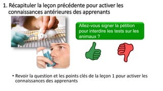 1. Récapituler la leçon précédente pour activer les
connaissances antérieures des apprenants
• Revoir la question et les points clés de la leçon 1 pour activer les
connaissances des apprenants
Allez-vous signer la pétition
pour interdire les tests sur les
animaux ?
 