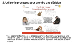 5. Utiliser le processus pour prendre une décision
• Les apprenants utilisent le processus d’investigation pour prendre une
décision. Dans Les tests sur les animaux, ils identifieront les stratégies de
réflexion éthique utilisées dans les diverses opinions présentées sur des
cartes.
 