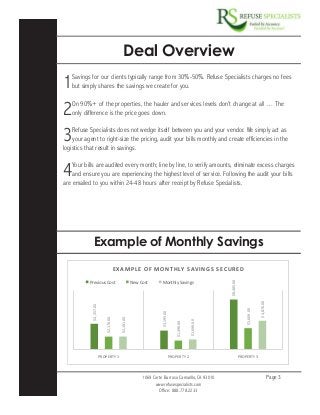 1069 Corte Barroso Camarillo, CA 93010
www.refusespecialists.com
Office: 888.778.2233
Page 3
Deal Overview
1Savings for our clients typically range from 30%-50%. Refuse Specialists charges no fees
but simply shares the savings we create for you.
2On 90%+ of the properties, the hauler and services levels don’t change at all … The
only difference is the price goes down.
3Refuse Specialists does not wedge itself between you and your vendor. We simply act as
your agent to right-size the pricing, audit your bills monthly and create efficiencies in the 	
logistics that result in savings.
4Your bills are audited every month; line by line, to verify amounts, eliminate excess charges
and ensure you are experiencing the highest level of service. Following the audit your bills
are emailed to you within 24-48 hours after receipt by Refuse Specialists.
Example of Monthly Savings
$4,357.00 
$3,195.00 
$8,485.00 
$2,176.00 
$1,496.00 
$3,609.00 
$2,181.00 
$1,699.00 
$4,876.00 
PROPERTY 1  PROPERTY 2  PROPERTY 3 
EXAMPLE OF MONTHLY SAVINGS SECURED 
Previous Cost  New Cost  Monthly Savings 
 