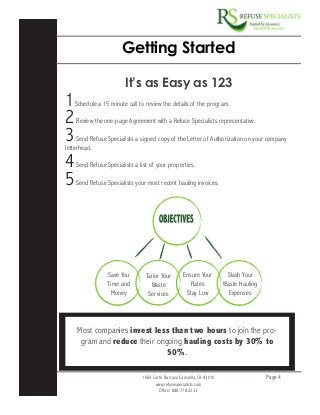 1069 Corte Barroso Camarillo, CA 93010
www.refusespecialists.com
Office: 888.778.2233
Page 4
Getting Started
1Schedule a 15 minute call to review the details of the program.
2Review the one-page Agreement with a Refuse Specialists representative.
3Send Refuse Specialists a signed copy of the Letter of Authorization on your company
letterhead.
4Send Refuse Specialists a list of your properties.
5Send Refuse Specialists your most recent hauling invoices.
Most companies invest less than two hours to join the pro-
gram and reduce their ongoing hauling costs by 30% to
50%.
It’s as Easy as 123
Save You
Time and
Money
Tailor Your
Waste
Services
Ensure Your
Rates
Stay Low
Slash Your
Waste Hauling
Expenses
 