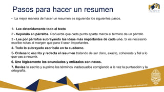 Pasos para hacer un resumen
• La mejor manera de hacer un resumen es siguiendo los siguientes pasos.
1- Lee detenidamente todo el texto
2 - Sepáralo en párrafos. Recuerda que cada punto aparte marca el término de un párrafo
3 - Lee por párrafos subrayando las ideas más importantes de cada uno. Si es necesario
escribe notas al margen que para ti sean importantes.
4- Todo lo subrayado escríbelo en tu cuaderno.
5- Ordena lo escrito y redacta el resumen tratando de ser claro, exacto, coherente y fiel a lo
que vas a resumir.
6. Une lógicamente los enunciados y enlázalos con nexos.
7. Revisa lo escrito y suprime los términos inadecuados corrigiendo a la vez la puntuación y la
ortografía.
 