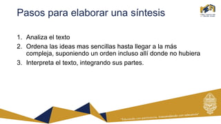 Pasos para elaborar una síntesis
1. Analiza el texto
2. Ordena las ideas mas sencillas hasta llegar a la más
compleja, suponiendo un orden incluso allí donde no hubiera
3. Interpreta el texto, integrando sus partes.
 