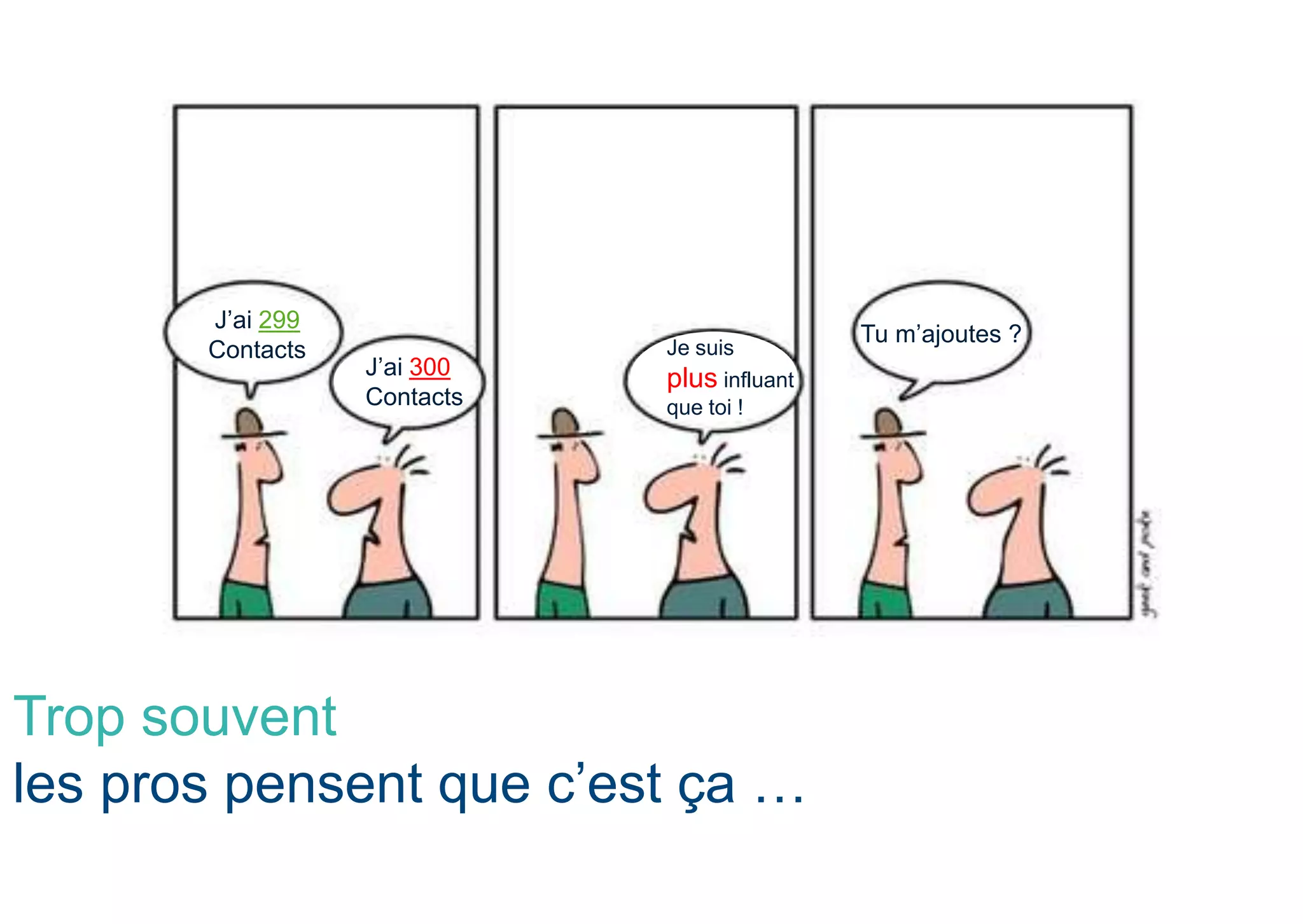 J’ai 299
Contacts
J’ai 300
Contacts
Je suis
plus influant
que toi !
Tu m’ajoutes ?
Trop souvent
les pros pensent que c’est ça …