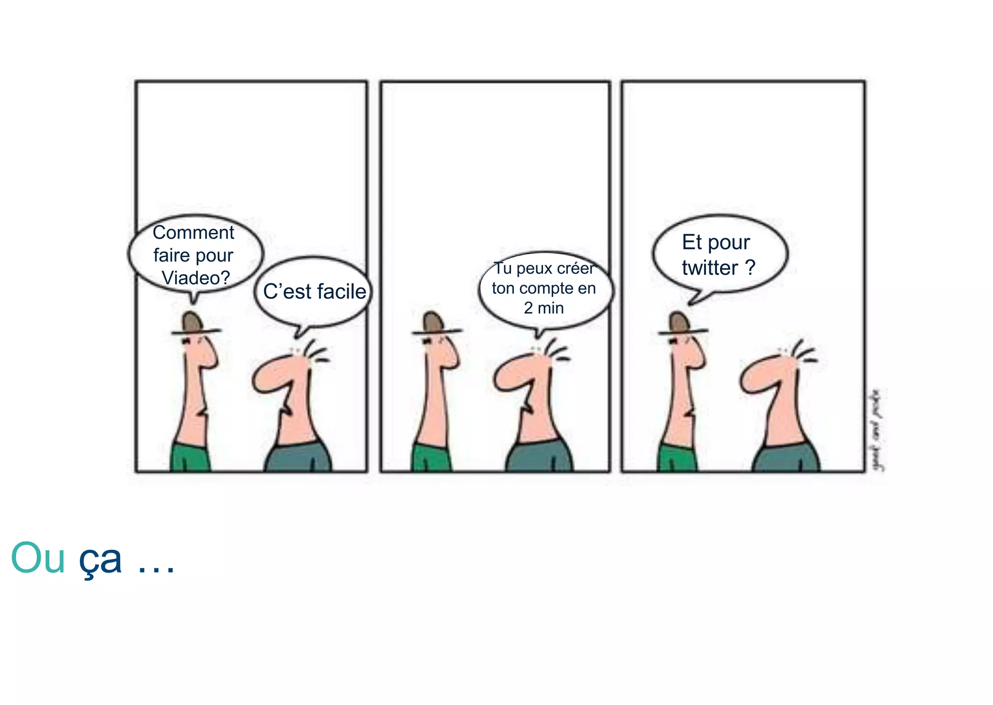 Comment
faire pour
Viadeo?
C’est facile
Tu peux créer
ton compte en
2 min
Et pour
twitter ?
Ou ça …