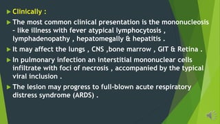 Clinically :
The most common clinical presentation is the mononucleosis
– like illness with fever atypical lymphocytosis ,
lymphadenopathy , hepatomegally & hepatitis .
It may affect the lungs , CNS ,bone marrow , GIT & Retina .
In pulmonary infection an interstitial mononuclear cells
infiltrate with foci of necrosis , accompanied by the typical
viral inclusion .
The lesion may progress to full-blown acute respiratory
distress syndrome (ARDS) .
 