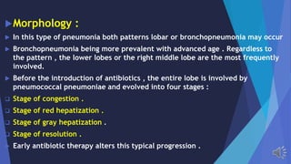 Morphology :
In this type of pneumonia both patterns lobar or bronchopneumonia may occur
Bronchopneumonia being more prevalent with advanced age . Regardless to
the pattern , the lower lobes or the right middle lobe are the most frequently
involved.
Before the introduction of antibiotics , the entire lobe is involved by
pneumococcal pneumoniae and evolved into four stages :
Stage of congestion .
Stage of red hepatization .
Stage of gray hepatization .
Stage of resolution .
Early antibiotic therapy alters this typical progression .
 