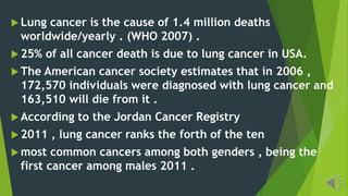 Lung cancer is the cause of 1.4 million deaths
worldwide/yearly . (WHO 2007) .
25% of all cancer death is due to lung cancer in USA.
The American cancer society estimates that in 2006 ,
172,570 individuals were diagnosed with lung cancer and
163,510 will die from it .
According to the Jordan Cancer Registry
2011 , lung cancer ranks the forth of the ten
most common cancers among both genders , being the
first cancer among males 2011 .
 