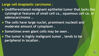 Large cell Anaplastic carcinoma :
Undifferentiated malignant epithelial tumor that lacks the
cytological features of small cell ca., squamous cell ca. or
adenocarcinoma ..
The cells have large nuclei, prominent nucleoli and
moderate amount of cytoplasm .
Sometimes even giant cells may be seen .
The tumor is highly malignant tumor , tends to be
peripheral in location .
 