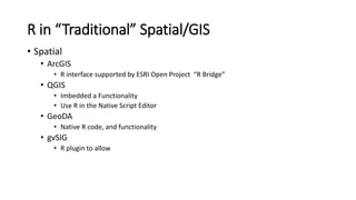R in “Traditional” Spatial/GIS
• Spatial
• ArcGIS
• R interface supported by ESRI Open Project “R Bridge”
• QGIS
• Imbedded a Functionality
• Use R in the Native Script Editor
• GeoDA
• Native R code, and functionality
• gvSIG
• R plugin to allow
 