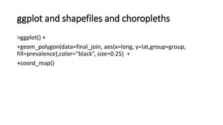 ggplot and shapefiles and choropleths
>ggplot() +
+geom_polygon(data=final_join, aes(x=long, y=lat,group=group,
fill=prevalence),color=“black”, size=0.25) +
+coord_map()
 