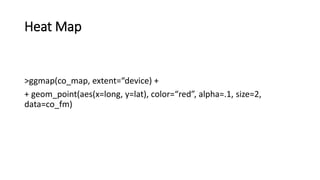 Heat Map
>ggmap(co_map, extent=“device) +
+ geom_point(aes(x=long, y=lat), color=“red”, alpha=.1, size=2,
data=co_fm)
 