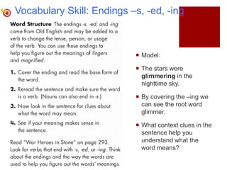 Vocabulary Skill: Endings –s, -ed, -ing
 Model:
 The stars were
glimmering in the
nighttime sky.
 By covering the –ing we
can see the root word
glimmer.
 What context clues in the
sentence help you
understand what the
word means?
 