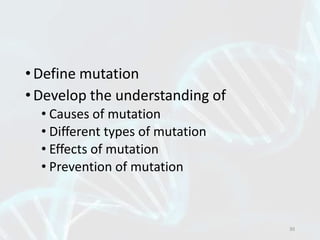 •Define mutation
•Develop the understanding of
• Causes of mutation
• Different types of mutation
• Effects of mutation
• Prevention of mutation
30