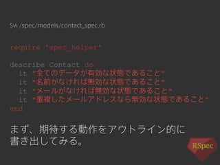 $vi /spec/models/contact_spec.rb 
require 'spec_helper' 
describe Contact do 
it "全てのデータが有効な状態であること" 
it "名前がなければ無効な状態であること" 
it "メールがなければ無効な状態であること" 
it "重複したメールアドレスなら無効な状態であること" 
end 
まず、期待する動作をアウトライン的に 
書き出してみる。 
 
