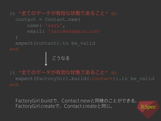 it "全てのデータが有効な状態であること" do 
contact = Contact.new( 
name: 'zaru', 
email: 'zaru@example.com' 
) 
expect(contact).to be_valid 
end 
it "全てのデータが有効な状態であること" do 
expect(FactoryGirl.build(:contact)).to be_valid 
end 
こうなる 
FactoryGirl.buildで、Contact.newと同様のことができる。 
FactoryGirl.createで、Contact.createと同じ。 
 