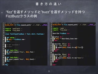 書 き 方 の 違 い
“fizz”を返すメソッドと”buzz”を返すメソッドを持つ
FizzBuzzクラスの例
5
 