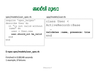 model spec
spec/models/user_spec.rb               app/models/user.rb
require 'spec_helper'                  class User <
describe User do
   it "is not valid without            ActiveRecord::Base
    name" do                             …
     user = User.new                   validates :name, presence: true
     user.should_not be_valid
  end                                  end
end




$ rspec spec/models/user_spec.rb
.
Finished in 0.08148 seconds
1 example, 0 failures


                                   ©Nascenia IT
 