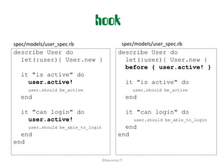 hook
spec/models/user_spec.rb                       spec/models/user_spec.rb
describe User do                             describe User do
  let(:user){ User.new }                       let(:user){ User.new }
                                               before { user.active! }
  it "is active" do
    user.active!                                   it "is active" do
     user.should be_active                           user.should be_active
  end                                              end

  it "can login" do                                it "can login" do
    user.active!                                     user.should be_able_to_login
     user.should be_able_to_login              end
  end                                        end
end

                                    ©Nascenia IT
 