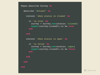 Instance Variables Antipattern
• Evaluated for every single test 
-> slows tests down

• Spring into existence the ﬁrst time that they are evaluated 
-> subtle bugs can creep in

• Can’t be overridden in nested blocks 
-> duplicated code
 