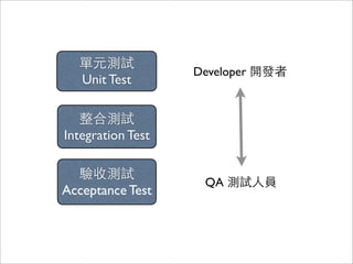 單元測試
                   Developer 開發者
  Unit Test

   整合測試
Integration Test

  驗收測試
                    QA 測試人員
Acceptance Test
 