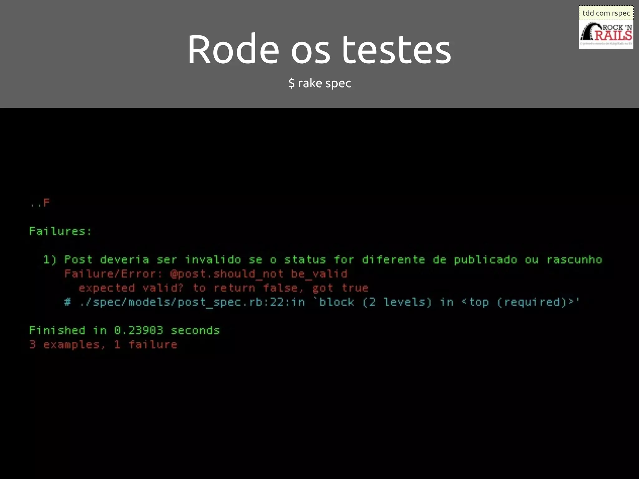 tdd com rspec




Rode os testes
     $ rake spec
 