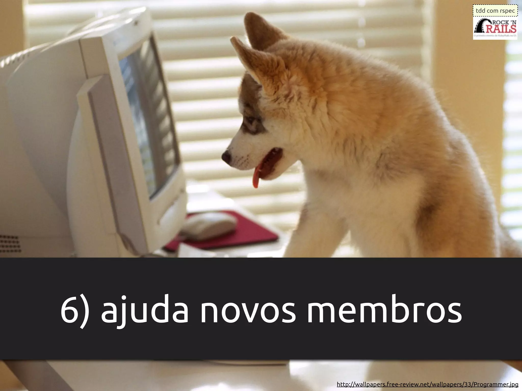 tdd com rspec




6) ajuda novos membros
               http://wallpapers.free-review.net/wallpapers/33/Programmer.jpg
 