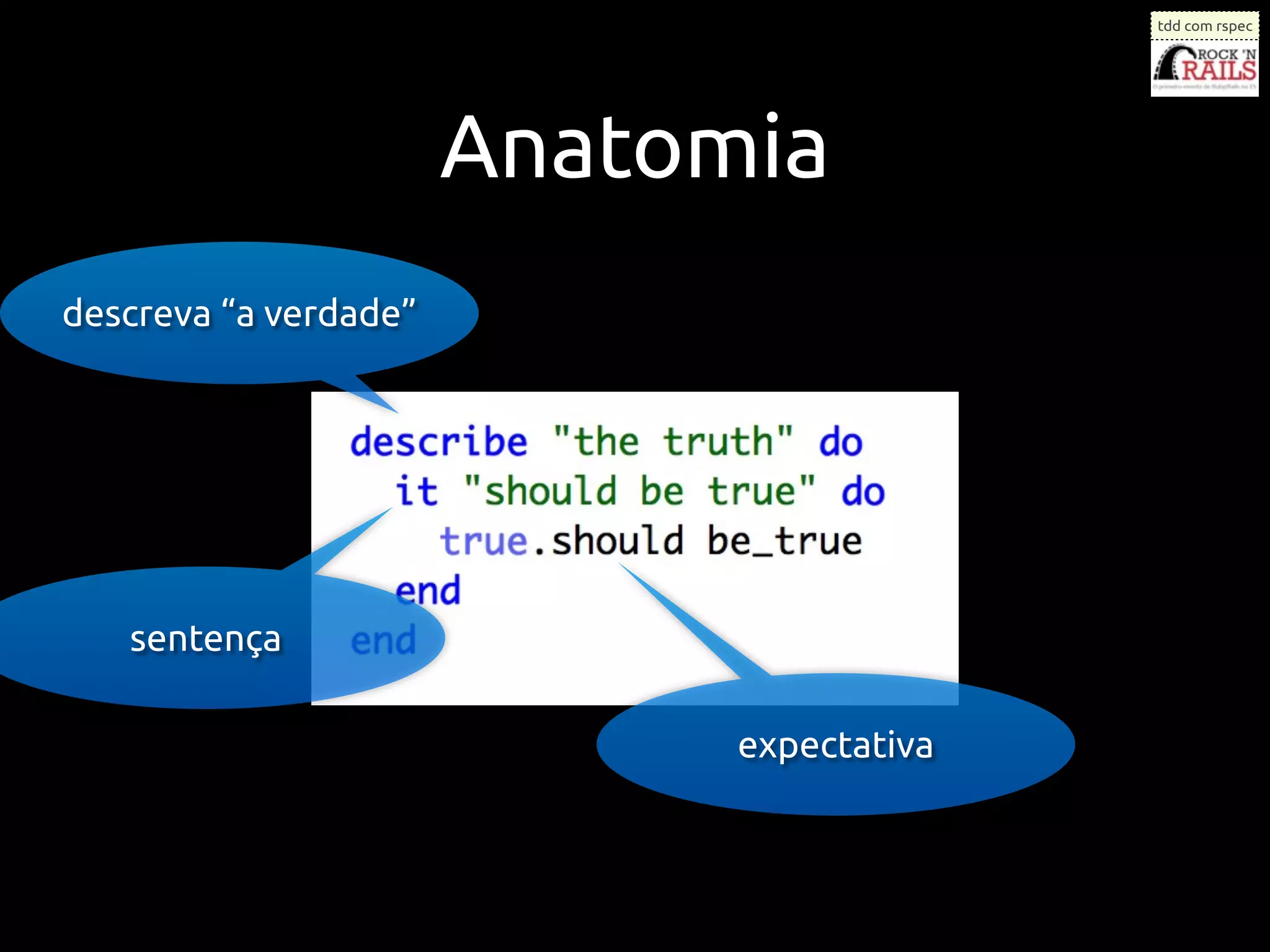 tdd com rspec




                       Anatomia
descreva “a verdade”




   sentença

                             expectativa
 