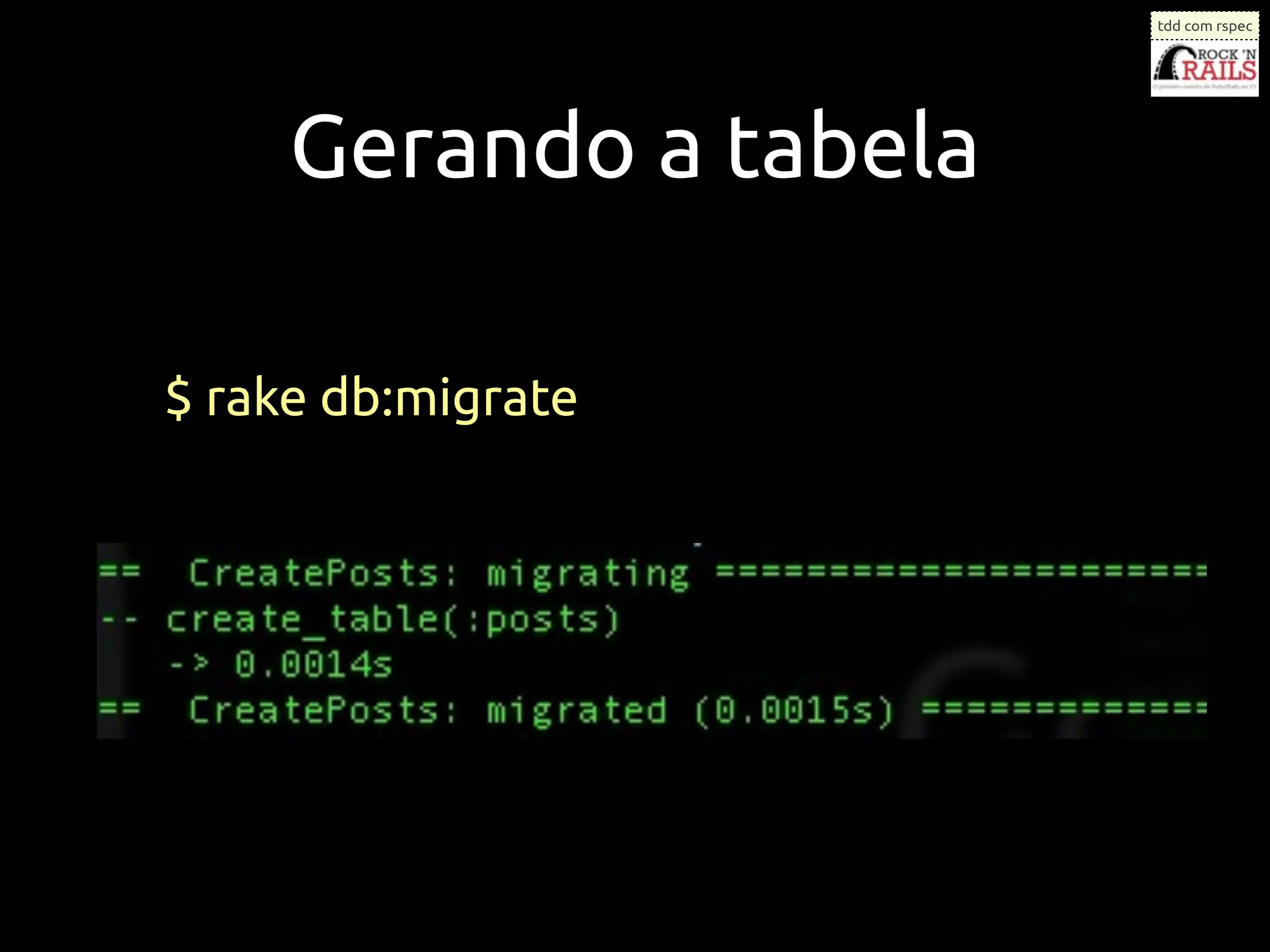 tdd com rspec




     Gerando a tabela

$ rake db:migrate
 