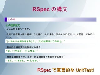 RSpec ԵĤ UnitTest! ֥åܥå Ʃ`ȥܥå Υ󥿥ե`RƤ ˡΤΤ褦OӋĤ褦ˤʤäƤ 1.  ᥽åɤ ˤϡʤ٤铂Oʤ OϤ⡢В(enum)ʹ ʤɤ铂ˤʤʤ褦˹򤹤롣 2.  饹 Ʃ`ȤϡҪޤ˘ɤ 褦ˤʤ롣}ΥƩ`Ȥj} jˤʤϤϡ饹֤򿼤 3.  ⲿؤ Ӱ푤ϡʤ٤ų 褦˿ⲿӰ( )Ҫޤء TDD ǤϤɤQ 1.  ɤƥȤ餤狼ʤʤäʕrָᘤˤʤ롣 2.  ޤꥬ˿`ʤ褦ˡ 