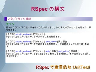 RSpec Θ RSpec ԵĤ UnitTest! it  ƥȤΥ`ɤϡ٤ it Фӛ롣 ĤʕϡΤΤȤꡣ  it  &quot; ƥȤh &quot;  do [ ƥȌ󥪥֥ ] . [ ƥȌ᥽å ] .should ==  [ Y ] end 