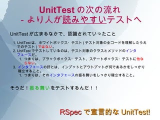 UnitTest δΤ ˤ iߤ䤹 ƥȤ RSpec ԵĤ UnitTest! UnitTest ڤޤʤǡJRƤä 1. UnitTest ϡۥ磻ȥܥå?ƥ ( ƥȌȫ`ɤ⤷  ǤΥƥ ) ǤϤʤ  2. UnitTest ǥƥȤƤΤϡƥȌΥ饹ȥ᥽åɤ  ե`  1.  Ĥޤϡ֥åܥå?ƥȡƩ`ȥܥå?ƥȤ  ʤ  3.  󥿥ե` θΤȤϡץåȤȥȥץåȤΤǤ뤫򤷤ä _뤳ȡ 1.  Ĥޤϡ 󥿥ե` 褤򤷤ä_뤳ȡ  褤 ƥȤ  
