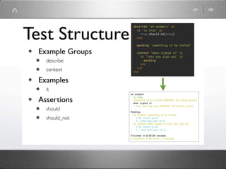 Test Structure
  Example Groups
    describe
    context

  Examples
    it

  Assertions
    should
    should_not
 